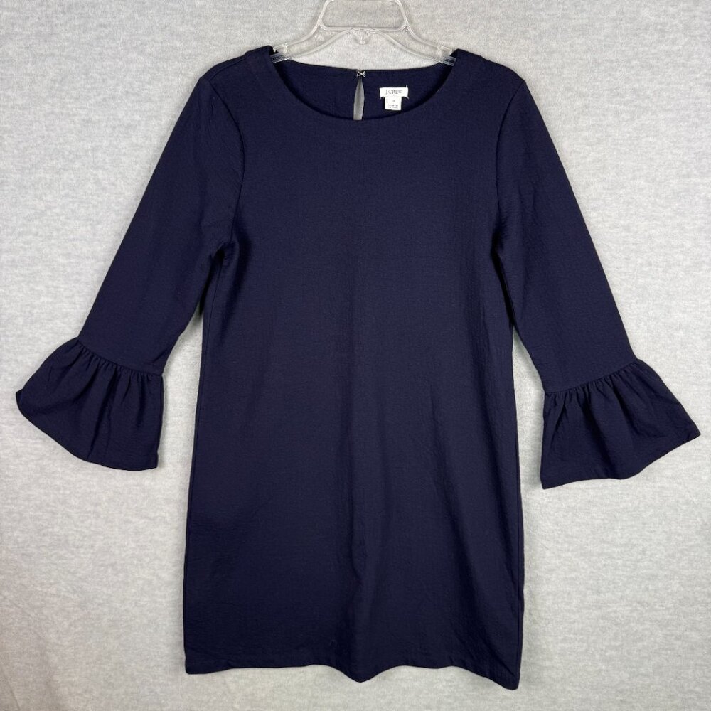 J Crew Factory M Solid Ruffle Sleeve Shift Dress Navy Blue Textured Cotton Blend - Picture 2 of 12